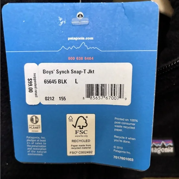 PatagoniaBlack Performance Jacket with Olive Accent - Brand New, Boys size L(12)